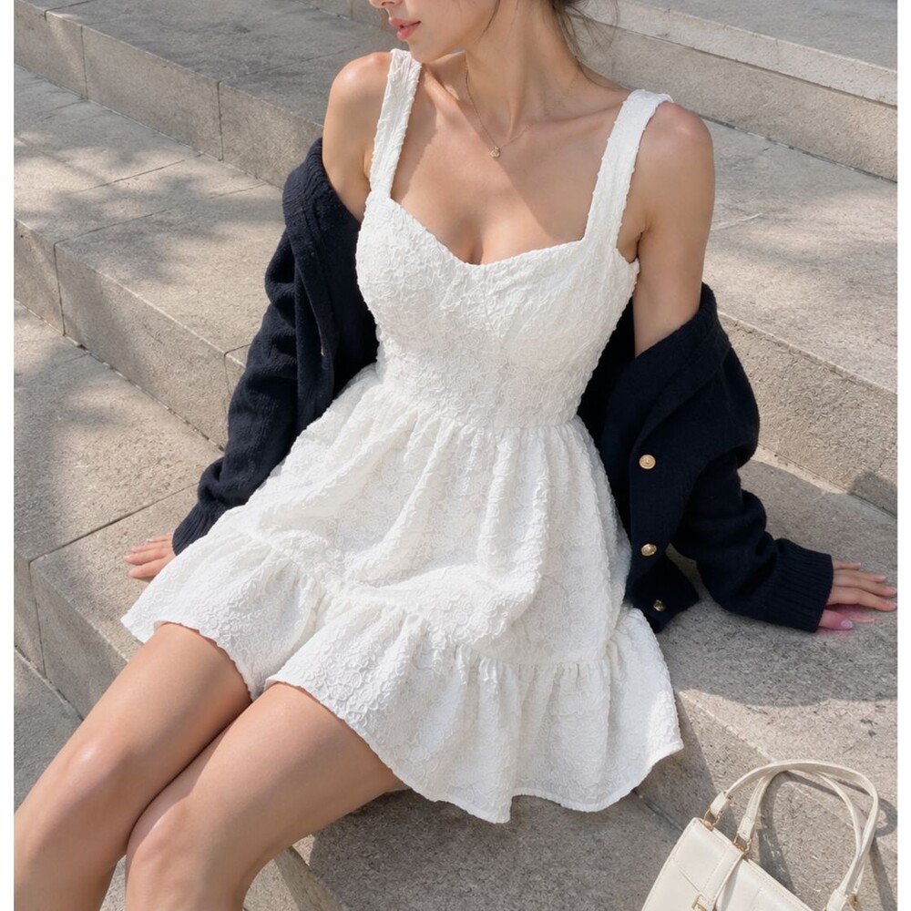 All in Favor Women M White Floral Fit Flare Mini Dress Sweetheart Cottagecore